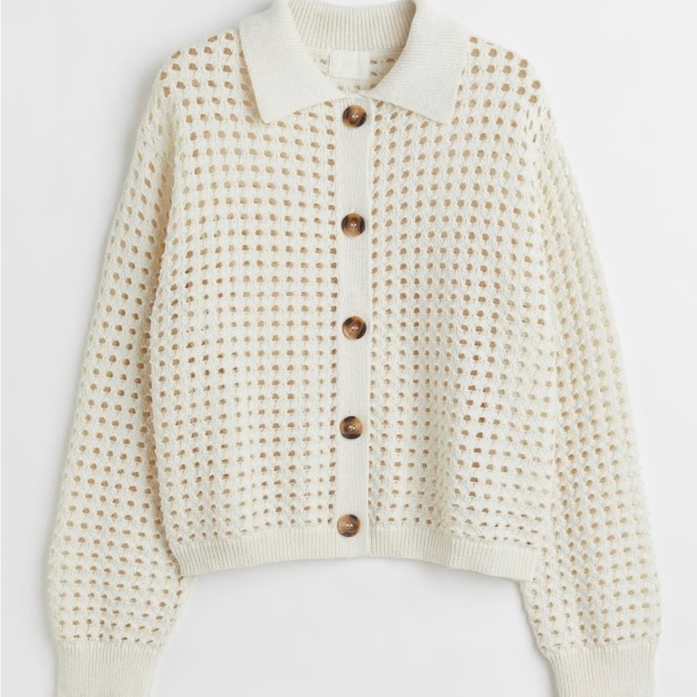 H&M Cream Open Knit Button-Up Cardigan with Brown Buttons